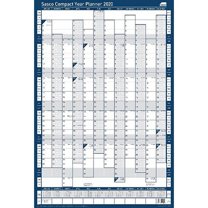 Sasco Compact Year Planner Portrait 2020 (Unmounted, laminated with UK/ROI bank holidays)