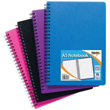 Tiger Sundry Wirebound Polypropylene Notebook, A5, Ruled, 140 Pages, Assorted Colours, Pack of 5