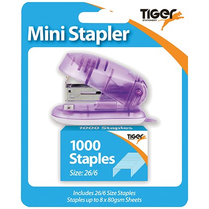 Tiger Mini Stapler, Capacity 8 Sheets, Assorted, Pack of 6