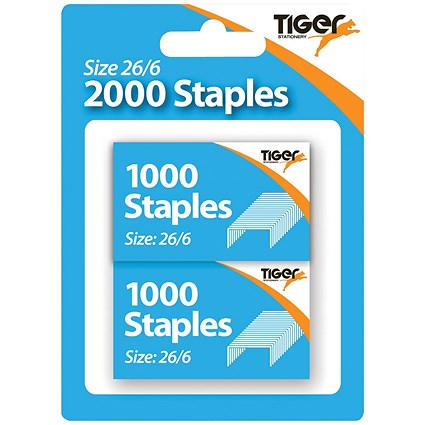 Tiger 26/6 Staples 2x1000 Staples Pack of 12