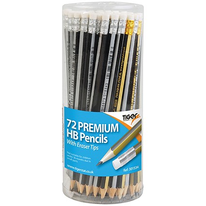 Tiger HB Eraser Tip Pencils Pot Assorted (Pack of 72)