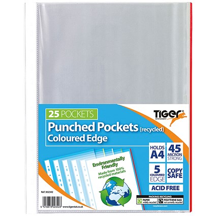 A4 Punched Pockets, Recycled, Coloured Edge, Pack of 250