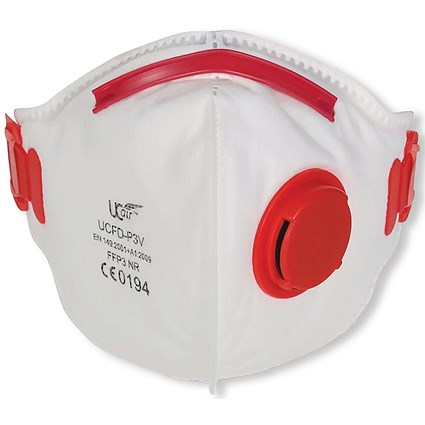 UCair Disposable FFP3 Fold Flat Mask with Exhalation Valve White/Red (Pack of 10)