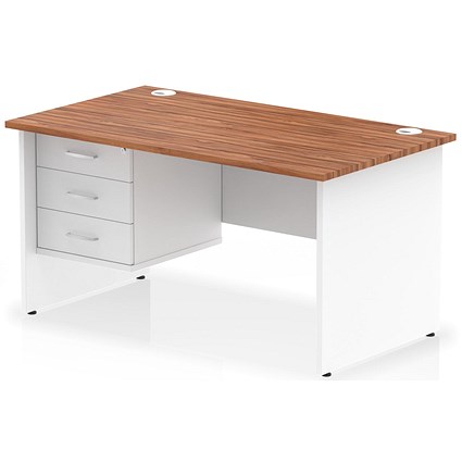 Impulse 1400mm Two-Tone Rectangular Desk, White Panel End Leg, Walnut, With 3 Drawer Fixed Pedestal Impulse 1400mm Two-Tone Rectangular Desk, White Panel End Leg, Walnut, With 3 Drawer Fixed Pedestal