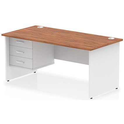 Impulse 1600mm Two-Tone Rectangular Desk, White Panel End Leg, Walnut, With 3 Drawer Fixed Pedestal Impulse 1600mm Two-Tone Rectangular Desk, White Panel End Leg, Walnut, With 3 Drawer Fixed Pedestal