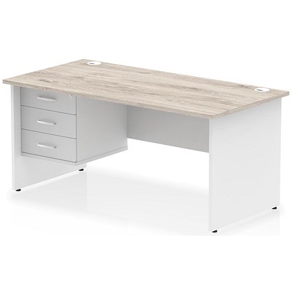 Impulse 1600mm Two-Tone Rectangular Desk, White Panel End Leg, Grey Oak, With 3 Drawer Fixed Pedestal Impulse 1600mm Two-Tone Rectangular Desk, White Panel End Leg, Grey Oak, With 3 Drawer Fixed Pedestal