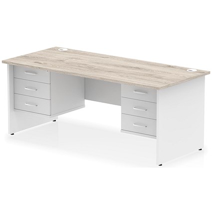 Impulse 1800mm Two-Tone Rectangular Desk, White Panel End Leg, Grey Oak, With 2 x 3 Drawer Fixed Pedestal Impulse 1800mm Two-Tone Rectangular Desk, White Panel End Leg, Grey Oak, With 2 x 3 Drawer Fixed Pedestal
