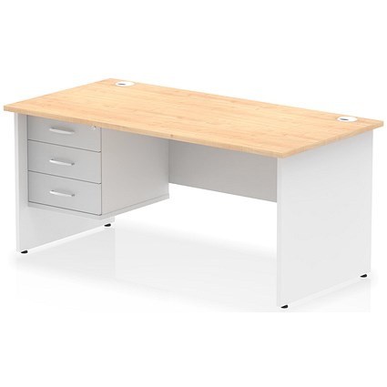 Impulse 1600mm Two-Tone Rectangular Desk, White Panel End Leg, Maple, With 3 Drawer Fixed Pedestal Impulse 1600mm Two-Tone Rectangular Desk, White Panel End Leg, Maple, With 3 Drawer Fixed Pedestal