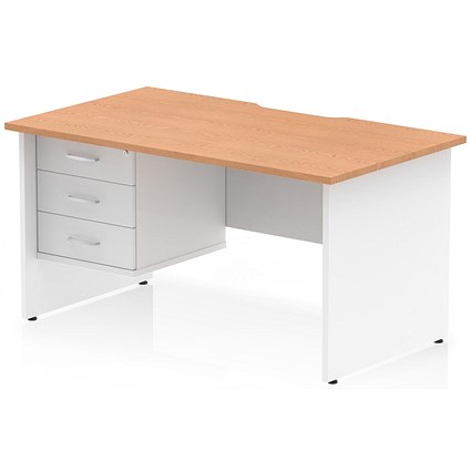 Impulse 1400mm Two-Tone Scalloped Edge Rectangular Desk, White Panel End Legs, Oak, With 1 x 3 Drawer Fixed Pedestal