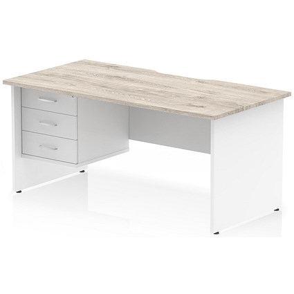 Impulse 1600mm Two-Tone Scalloped Edge Rectangular Desk, White Panel End Legs, Grey Oak, With 1 x 3 Drawer Fixed Pedestal