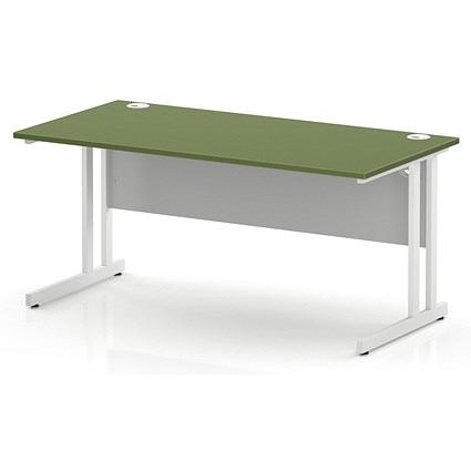 Impulse 1600mm Rectangular Desk, White Cantilever Leg and Modesty Panel, Moss Green