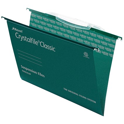 Rexel CrystalFiles Classic Suspension Files with Link Tabs, V Base, 15mm Capacity, Foolscap, Pack of 50