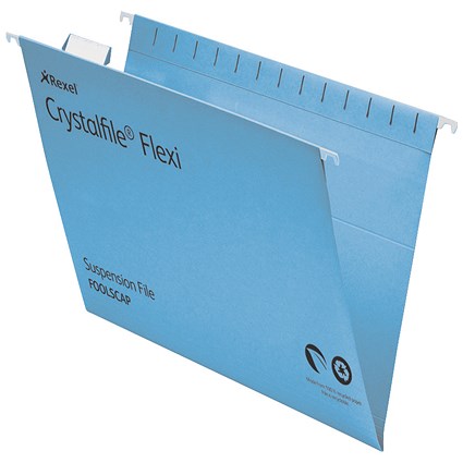 Rexel CrystalFiles FlexiFiles Suspension Files, V Base, 15mm Capacity, Foolscap, Blue, Pack of 50