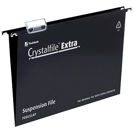 Rexel CrystalFiles Extra Suspension Files, V Base, 15mm Capacity, Foolscap, Black, Pack of 25