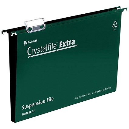 Rexel CrystalFiles Extra Suspension Files, Square Base, 50mm Capacity, Foolscap, Green, Pack of 25
