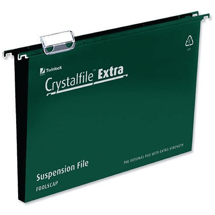 Rexel Crystalfile Extra Polypropylene Suspension Files, Square Base, Foolscap, Green, Pack of 25