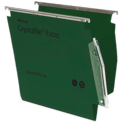 Rexel CrystalFile Extra Lateral Files, Plastic, 275mm Width, 15mm V Base, Green, Pack of 25