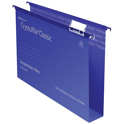 Rexel CrystalFiles Classic Suspension Files, Square Base, 50mm Capacity, Foolscap, Blue, Pack of 50