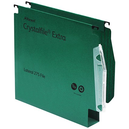 Rexel CrystalFile Extra Lateral Files, Plastic, 275mm Width, 50mm Square Base, Green, Pack of 25