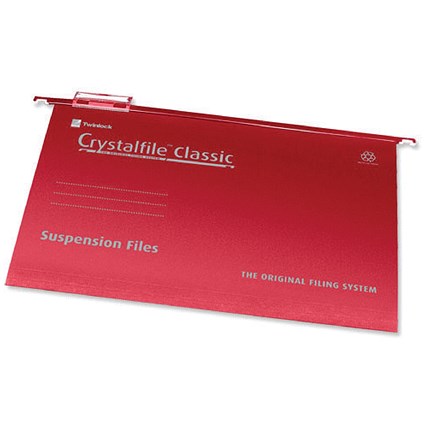 Rexel CrystalFiles Classic Suspension Files, V Base, 15mm Capacity, Foolscap, Red, Pack of 50