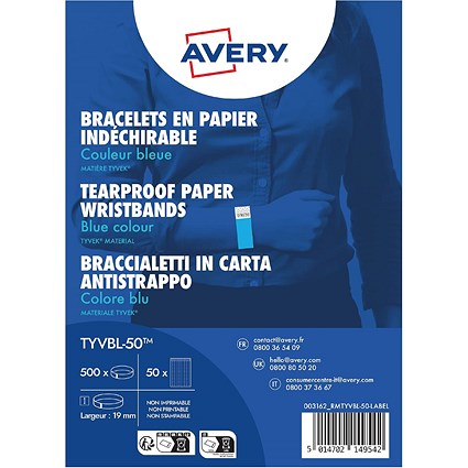 Avery Tyvek Paper Bracelets/Wristbands, Blue, Pack of 500