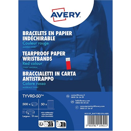 Avery Tyvek Paper Bracelets/Wristbands, Red, Pack of 500