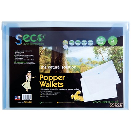 Stewart Superior Seco A4 Eco Biodegradable Popper Wallets, Blue, Pack of 5