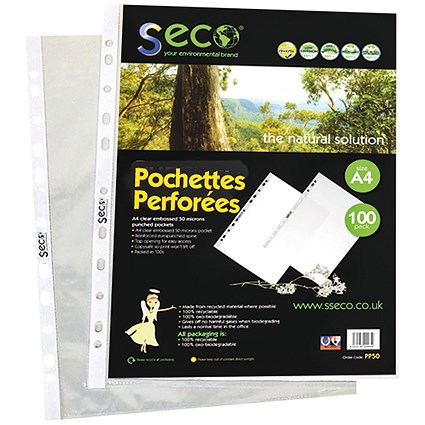 Stewart Superior Seco Eco A4 Punched Pockets, 50 Micron, Top Opening, Pack of 100