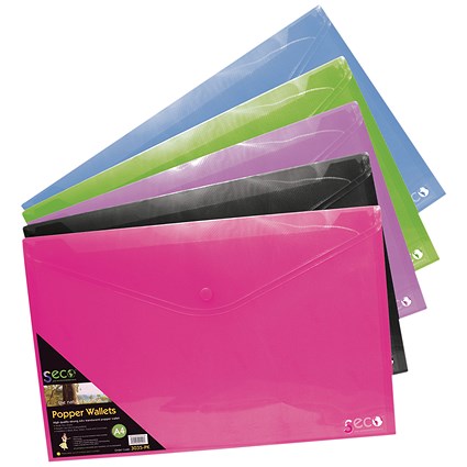 Stewart Superior Seco A4 Popper Wallets, Assorted, Pack of 5