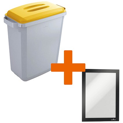 Durable Durabin Waste Bin, 60 Litre, Grey with Yellow Lid - Get Black A5 Duraframe Self-Adhesive Free