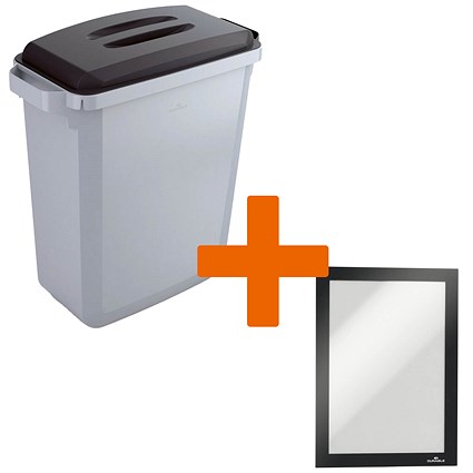 Durable Durabin Waste Bin, 60 Litre, Grey with Black Lid - Get Black A5 Duraframe Self-Adhesive Free