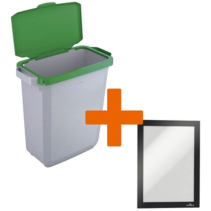 Durable Durabin Waste Bin, 60 Litre, Grey with Green Hinged Lid - Get Black A5 Duraframe Self-Adhesive Free