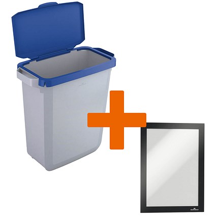 Durable Durabin Waste Bin, 60 Litre, Grey with Blue Hinged Lid - Get Black A5 Duraframe Self-Adhesive Free