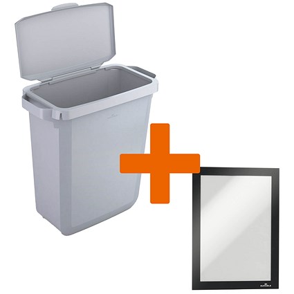 Durable Durabin Waste Bin, 60 Litre, Grey with Grey Hinged Lid - Get Black A5 Duraframe Self-Adhesive Free