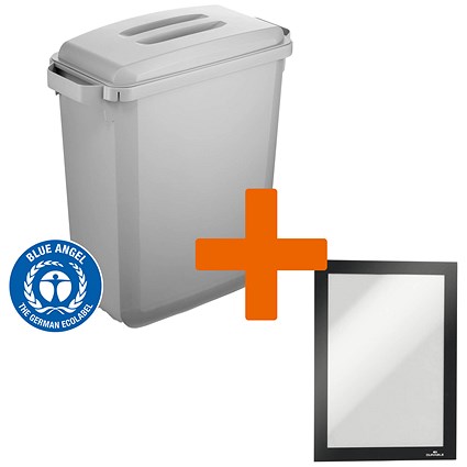 Durable Durabin Eco Waste Bin, 60 Litre, Grey with Grey Lid - Get Black A5 Duraframe Self-Adhesive Free