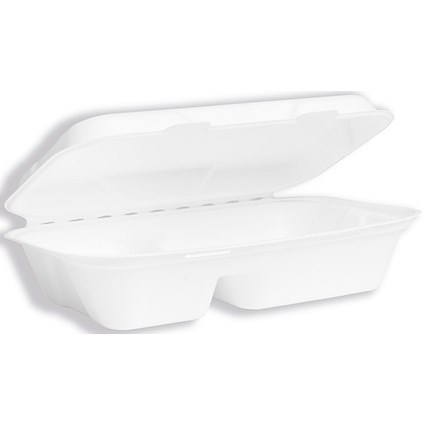 Vegware Bagasse Takeaway Box, 2 Compartment, 228x152mm, White, Pack of 200 Vegware Bagasse Takeaway Box, 2 Compartment, 228x152mm, White, Pack of 200