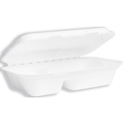 Vegware Bagasse Takeaway Box, 2 Compartment, 9x6 inch, White, Pack of 200