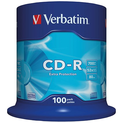 Verbatim CD-R Extra Protection Writable Blank CDs, Spindle, 700mb/80min Capacity, Pack of 100