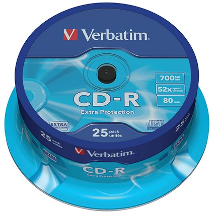 Verbatim CD-R Extra Protection Writable Blank CDs, Spindle, 700mb/80min Capacity, Pack of 25