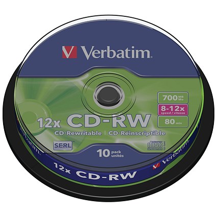 Verbatim CD-RW SERL Rewritable Blank CDs, Spindle, 700mb/80min Capacity, Pack of 10 Verbatim CD-RW SERL Rewritable Blank CDs, Spindle, 700mb/80min Capacity, Pack of 10