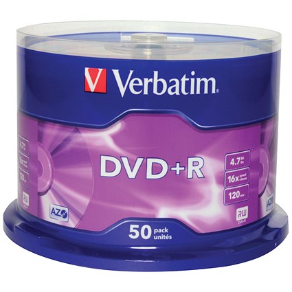 Verbatim DVD+R AZO Writable Blank DVDs, Spindle, 4.7gb/120min Capacity, Pack of 50 Verbatim DVD+R AZO Writable Blank DVDs, Spindle, 4.7gb/120min Capacity, Pack of 50
