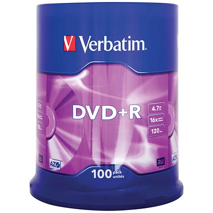 Verbatim DVD+R AZO Writable Blank DVDs, Spindle, 4.7gb/120min Capacity, Pack of 100 Verbatim DVD+R AZO Writable Blank DVDs, Spindle, 4.7gb/120min Capacity, Pack of 100