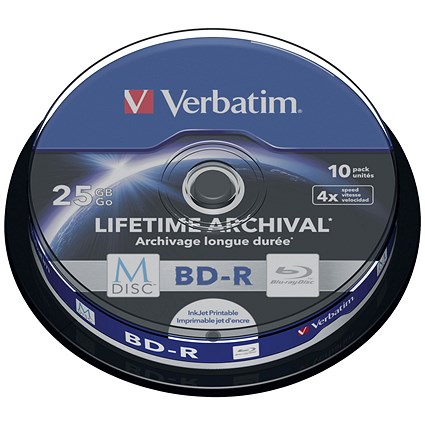 Verbatim BD-R M-Disc Inkjet-Printable Writable Blank Blu-ray DVDs, Spindle, 25gb Capacity, Pack of 10