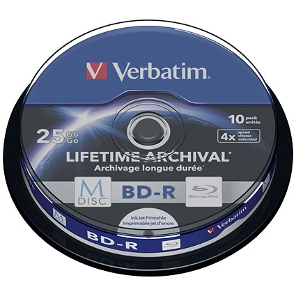 Verbatim BD-R M-Disc Inkjet-Printable Writable Blank Blu-ray DVDs, Spindle, 25gb Capacity, Pack of 10 Verbatim BD-R M-Disc Inkjet-Printable Writable Blank Blu-ray DVDs, Spindle, 25gb Capacity, Pack of 10