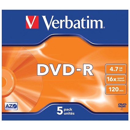 Verbatim DVD-R AZO Writable Blank DVDs, Cased, 4.7gb/120min Capacity, Pack of 5 Verbatim DVD-R AZO Writable Blank DVDs, Cased, 4.7gb/120min Capacity, Pack of 5