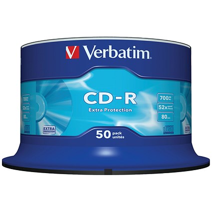 Verbatim CD-R Extra Protection Writable Blank CDs, Spindle, 700mb/80min Capacity, Pack of 50