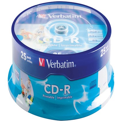 Verbatim CD-R Inkjet Printable AZO Writable Blank CDs, Spindle, 700mb/80min Capacity, Pack of 25
