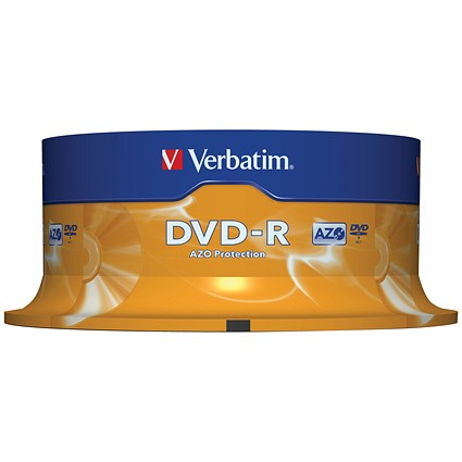 Verbatim DVD-R AZO Writable Blank DVDs, Spindle, 4.7gb/120min Capacity, Pack of 25 Verbatim DVD-R AZO Writable Blank DVDs, Spindle, 4.7gb/120min Capacity, Pack of 25