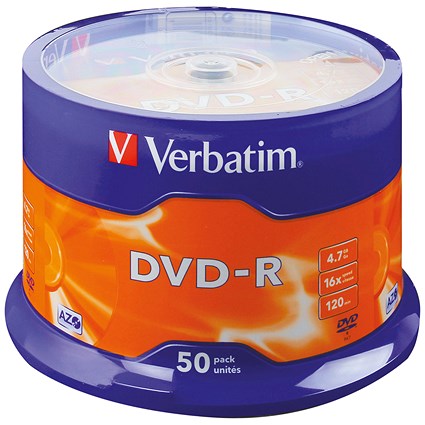 Verbatim DVD-R AZO Writable Blank DVDs, Spindle, 4.7gb/120min Capacity, Pack of 50 Verbatim DVD-R AZO Writable Blank DVDs, Spindle, 4.7gb/120min Capacity, Pack of 50
