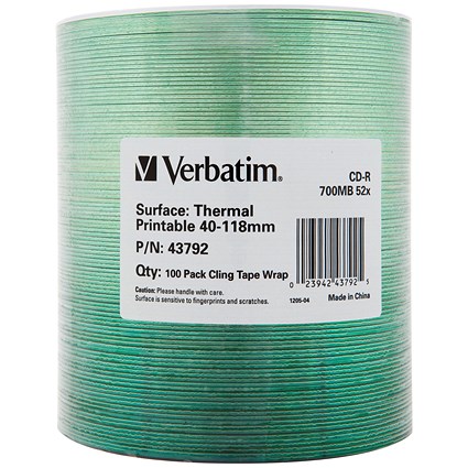 Verbatim CD-R Thermal Printable Writable Blank CDs, Wrap, 700mb/80min Capacity, Pack of 100
